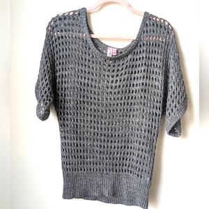 Dolled Up Gray Silver Sparkle Open Knit Short Sleeve Blouse Size Large